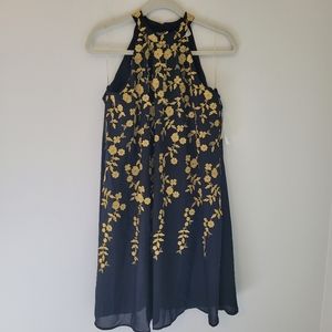 eci Black Halter Dress with Gold Floral Applique NWT